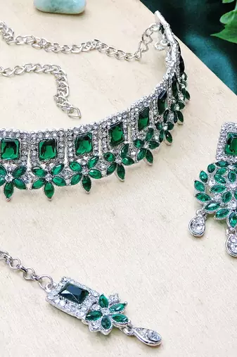 Green rhodium premium designer american diamond and stone work necklace set