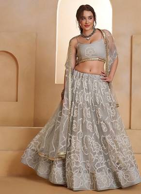 Grey Net Embroidered & Thread Work Semi Stitched Lehenga Choli 2