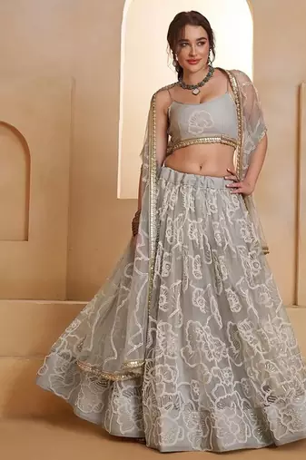 Grey Net Embroidered & Thread Work Semi Stitched Lehenga Choli