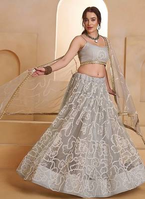 Grey Net Embroidered & Thread Work Semi Stitched Lehenga Choli 3