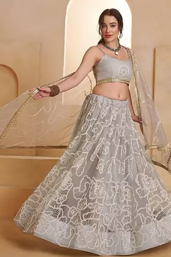 Grey Net Embroidered & Thread Work Semi Stitched Lehenga Choli