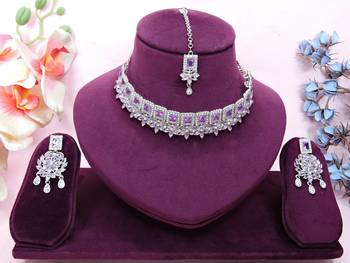 Purple rhodium premium designer american diamond and stone work necklace set 1