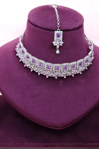 Purple rhodium premium designer american diamond and stone work necklace set