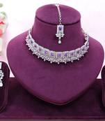 Purple rhodium premium designer american diamond and stone work necklace set