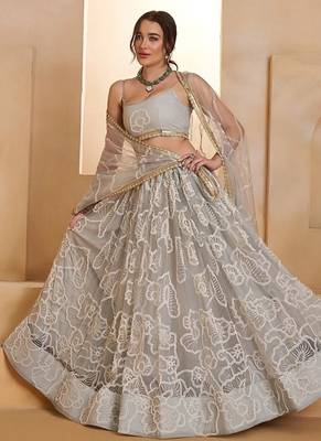Grey Net Embroidered & Thread Work Semi Stitched Lehenga Choli 4