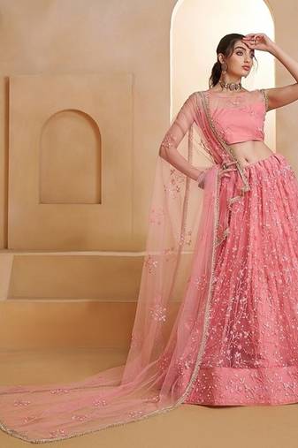 Pink Net Embroidered & Thread Work Semi Stitched Lehenga Choli