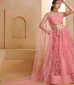 Pink Net Embroidered & Thread Work Semi Stitched Lehenga Choli