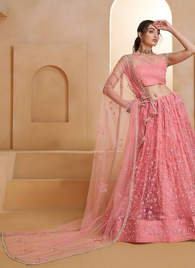 Pink Net Embroidered & Thread Work Semi Stitched Lehenga Choli