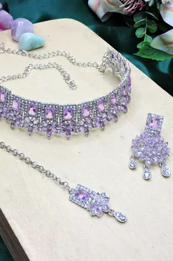 Purple rhodium premium designer american diamond and stone work necklace set