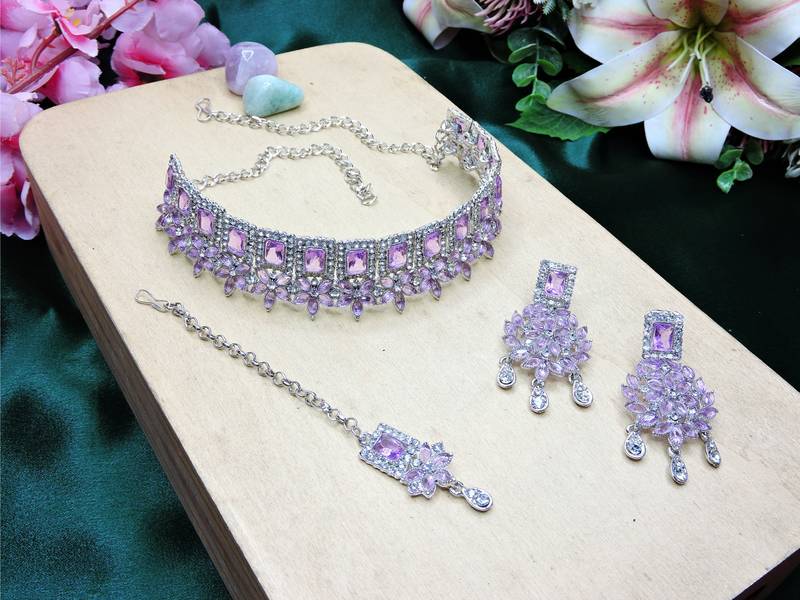 Purple rhodium premium designer american diamond and stone work necklace set