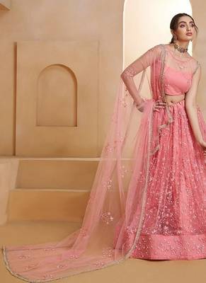 Pink Net Embroidered & Thread Work Semi Stitched Lehenga Choli 2