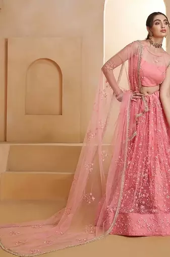 Pink Net Embroidered & Thread Work Semi Stitched Lehenga Choli