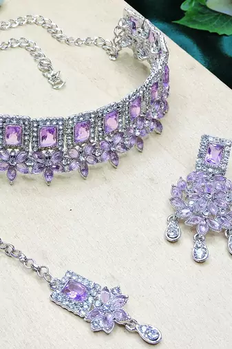 Purple rhodium premium designer american diamond and stone work necklace set