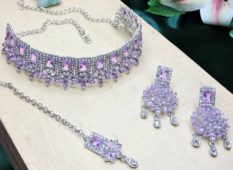 Purple rhodium premium designer american diamond and stone work necklace set