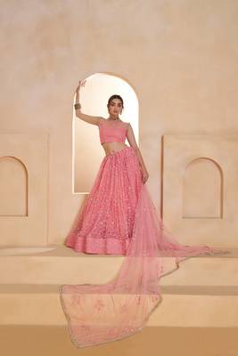 Pink Net Embroidered & Thread Work Semi Stitched Lehenga Choli 3