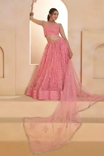 Pink Net Embroidered & Thread Work Semi Stitched Lehenga Choli