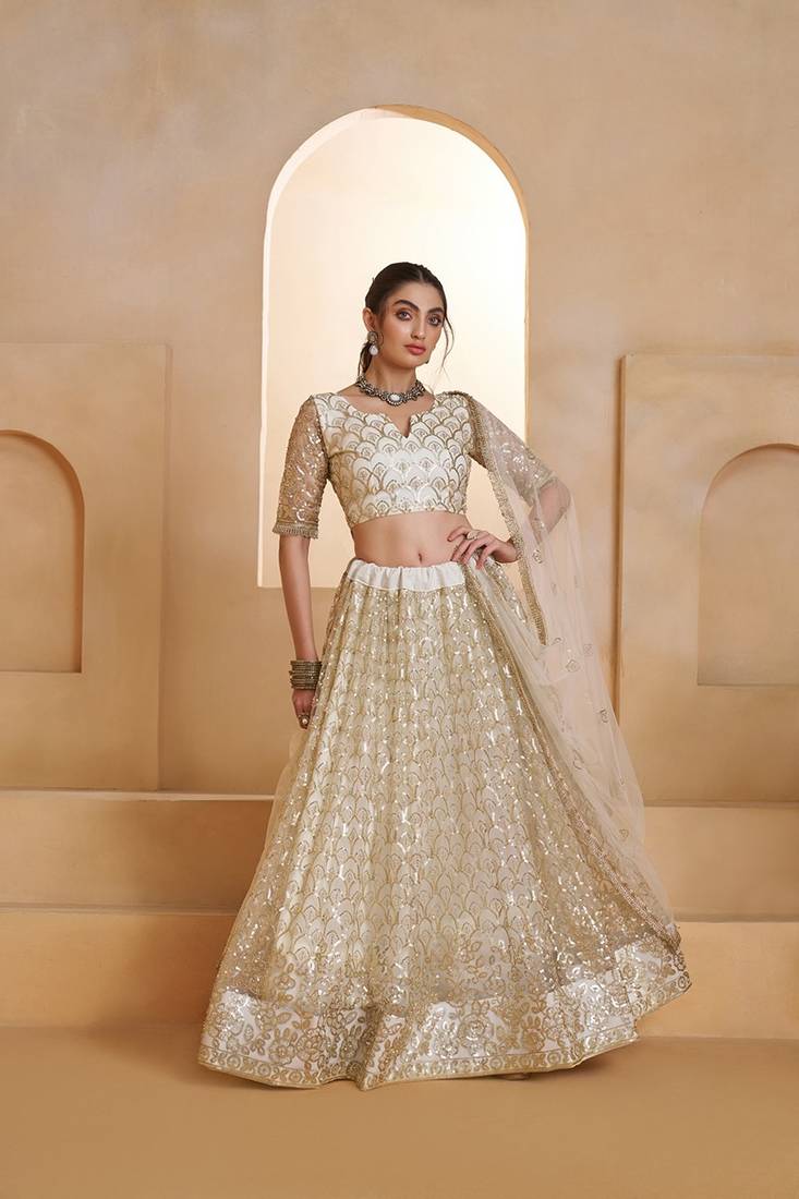White Net Embroidered & Zari Work Semi Stitched Lehenga Choli