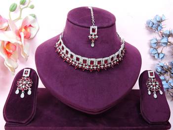 Maroon rhodium premium designer american diamond and stone work necklace set 1