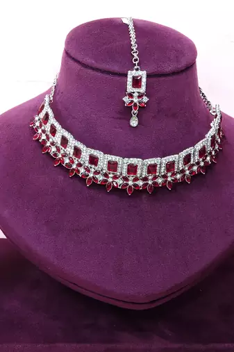 Maroon rhodium premium designer american diamond and stone work necklace set