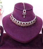 Maroon rhodium premium designer american diamond and stone work necklace set