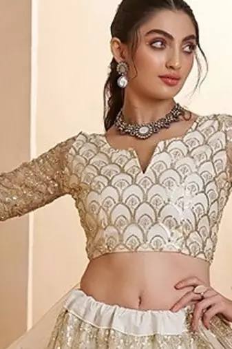 White Net Embroidered & Zari Work Semi Stitched Lehenga Choli