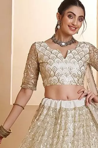 White Net Embroidered & Zari Work Semi Stitched Lehenga Choli