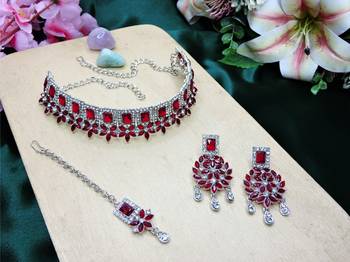 Maroon rhodium premium designer american diamond and stone work necklace set 2