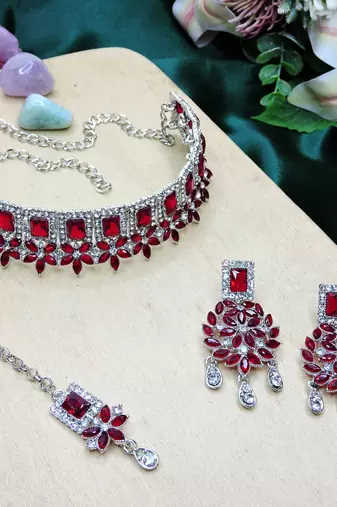 Maroon rhodium premium designer american diamond and stone work necklace set