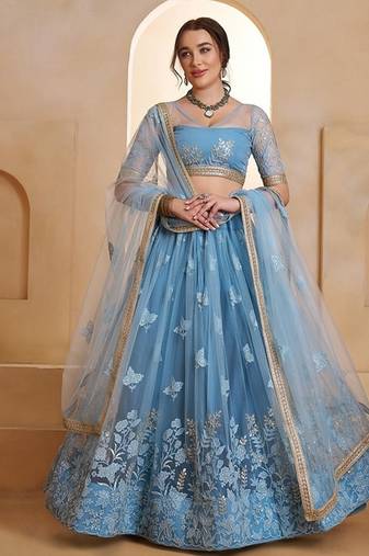 Blue Net Embroidered & Thread Work Semi Stitched Lehenga Choli