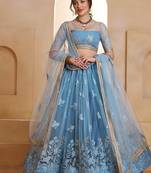 Blue Net Embroidered & Thread Work Semi Stitched Lehenga Choli