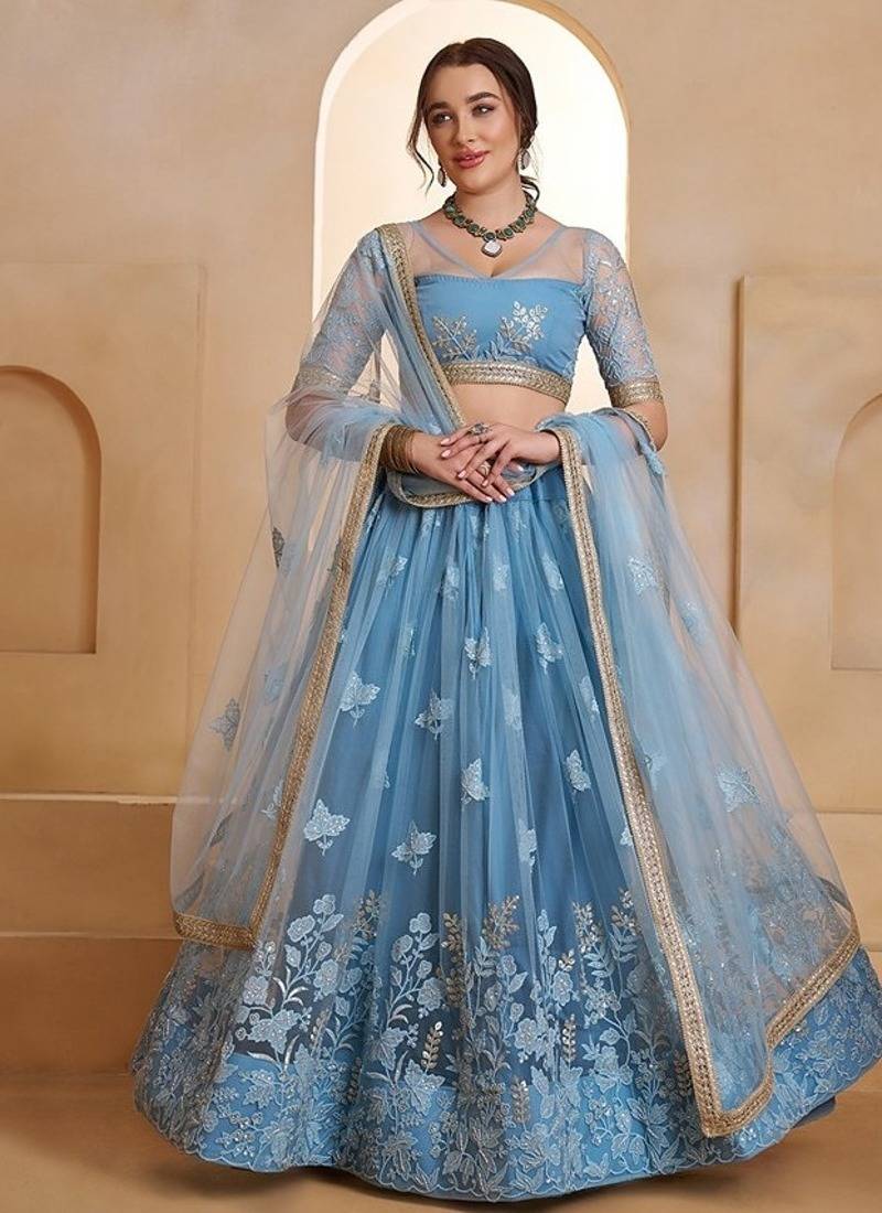 Blue Net Embroidered & Thread Work Semi Stitched Lehenga Choli