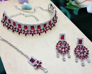 Maroon rhodium premium designer american diamond and stone work necklace set 3