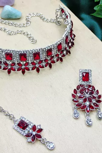 Maroon rhodium premium designer american diamond and stone work necklace set
