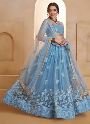 Blue Net Embroidered & Thread Work Semi Stitched Lehenga Choli 2