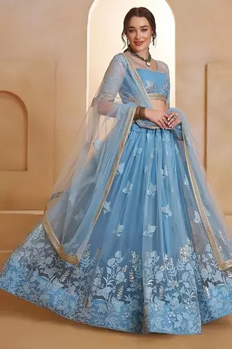 Blue Net Embroidered & Thread Work Semi Stitched Lehenga Choli