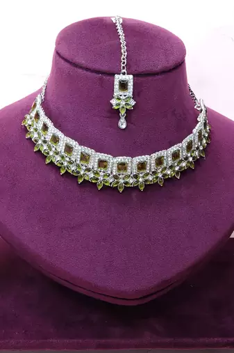 Green rhodium premium designer american diamond and stone work necklace set