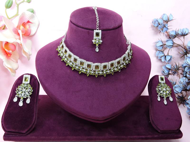Green rhodium premium designer american diamond and stone work necklace set