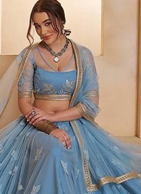 Blue Net Embroidered & Thread Work Semi Stitched Lehenga Choli 3