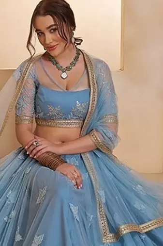 Blue Net Embroidered & Thread Work Semi Stitched Lehenga Choli
