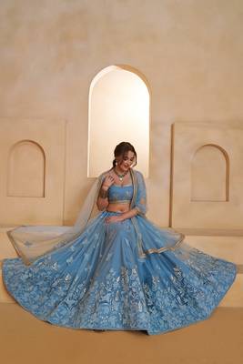 Blue Net Embroidered & Thread Work Semi Stitched Lehenga Choli 4