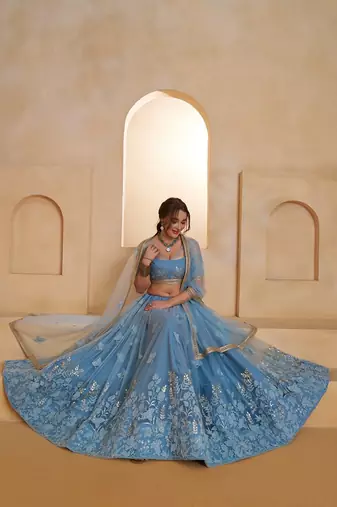 Blue Net Embroidered & Thread Work Semi Stitched Lehenga Choli