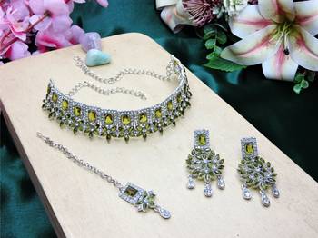 Green rhodium premium designer american diamond and stone work necklace set 2