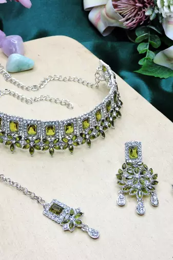 Green rhodium premium designer american diamond and stone work necklace set