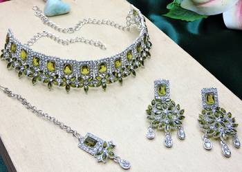 Green rhodium premium designer american diamond and stone work necklace set 3