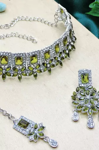 Green rhodium premium designer american diamond and stone work necklace set