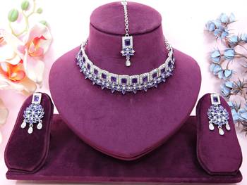 Blue rhodium premium designer american diamond and stone work necklace set 1