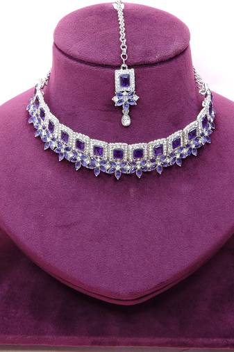 Blue rhodium premium designer american diamond and stone work necklace set