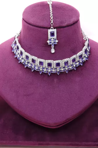 Blue rhodium premium designer american diamond and stone work necklace set