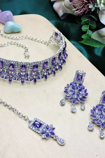 Blue rhodium premium designer american diamond and stone work necklace set