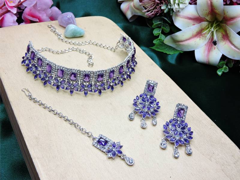 Blue rhodium premium designer american diamond and stone work necklace set